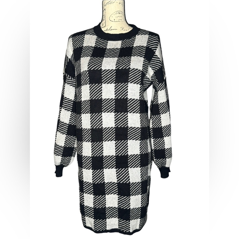 Wild Honey Knit Plaid Sweater Dress S Crew Neck Long Sleeve Checkered Short EUC